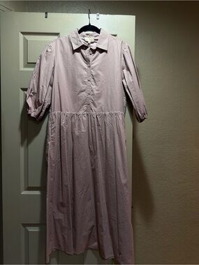 Blush Pink Button-Down Midi Dress with Puff Sleeves